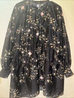 All Saints Black Floral Tiered Long-Sleeve Dress